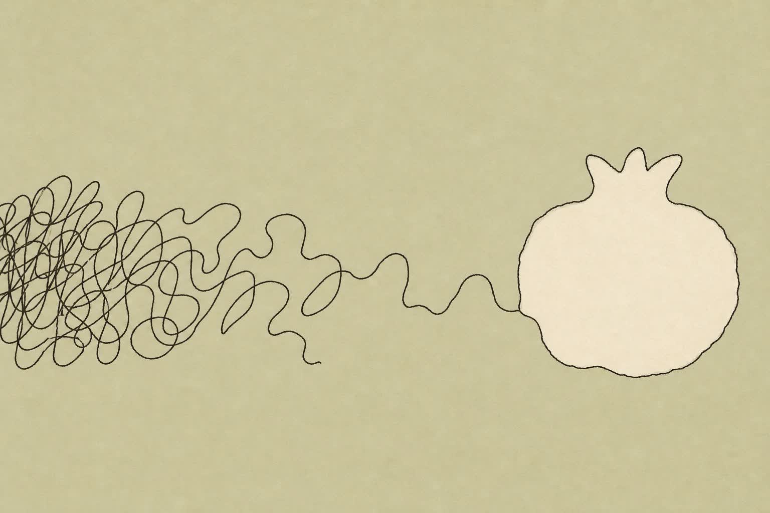One continuous ink line: a dense knot of scribble on the left that unspools rightward and resolves into the clean torn edge of a solid cream shape